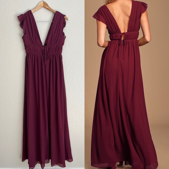 NWOT I’m All Yours Burgundy Ruffled Maxi Dress - Picture 3 of 9